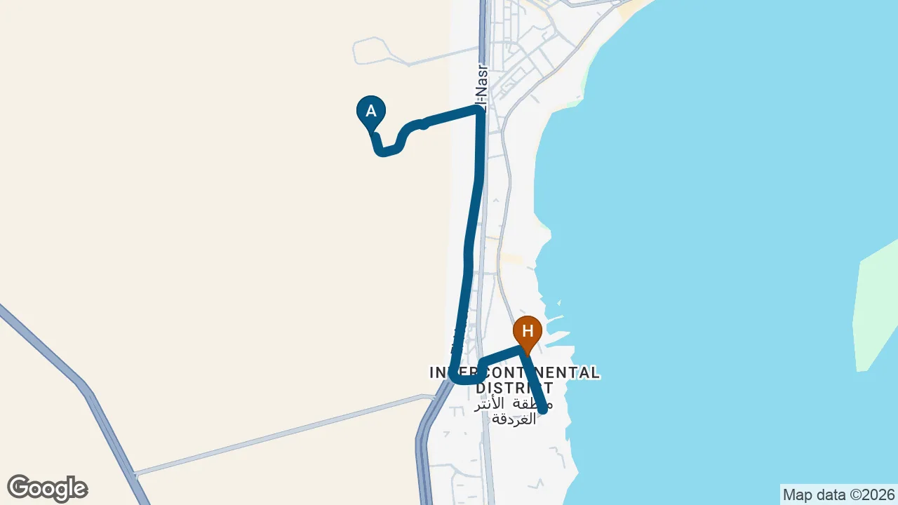 Driving route from Hurghada Airport to Gravity Hotel Hurghada